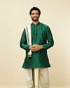 Forest Green and Cream Zari Detailed Traditional South Indian Dhoti Set image number 0